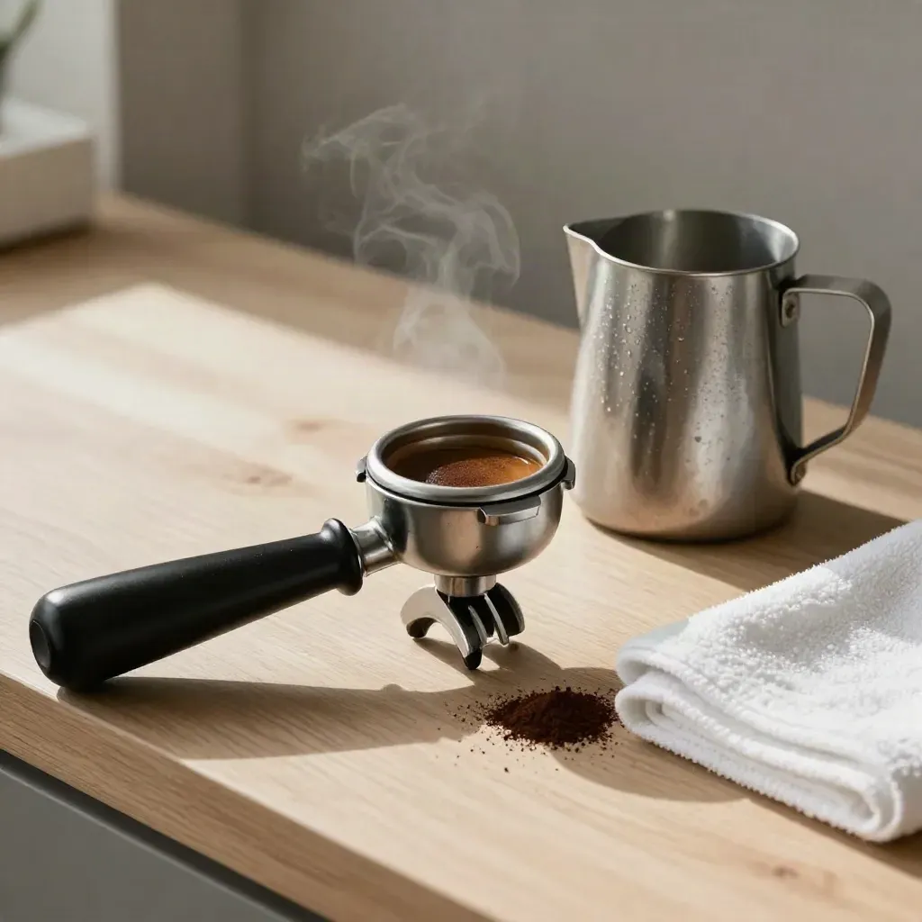 Black portafilter, espresso puck and steel milk jug on pale wood with steam haze.