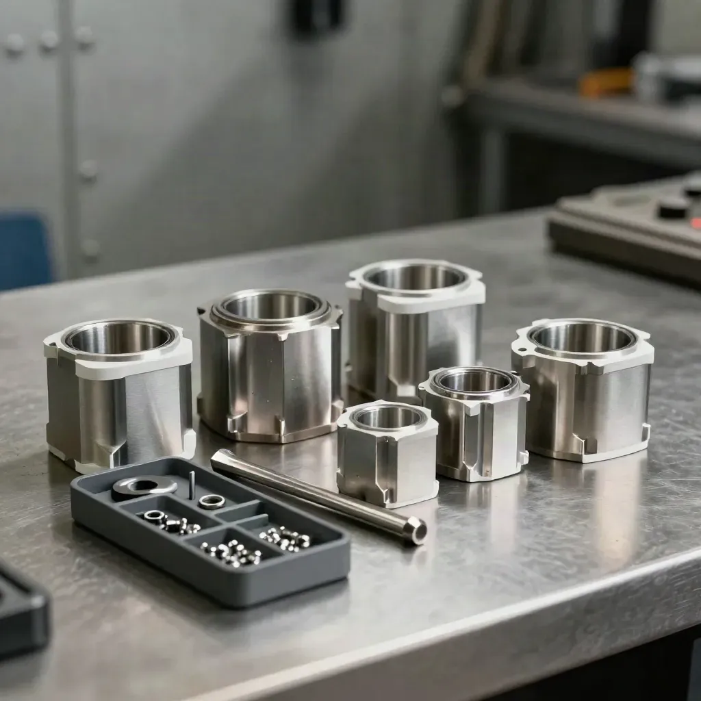 Titanium bearing housings, hex key and graphite tray on a brushed-metal bench