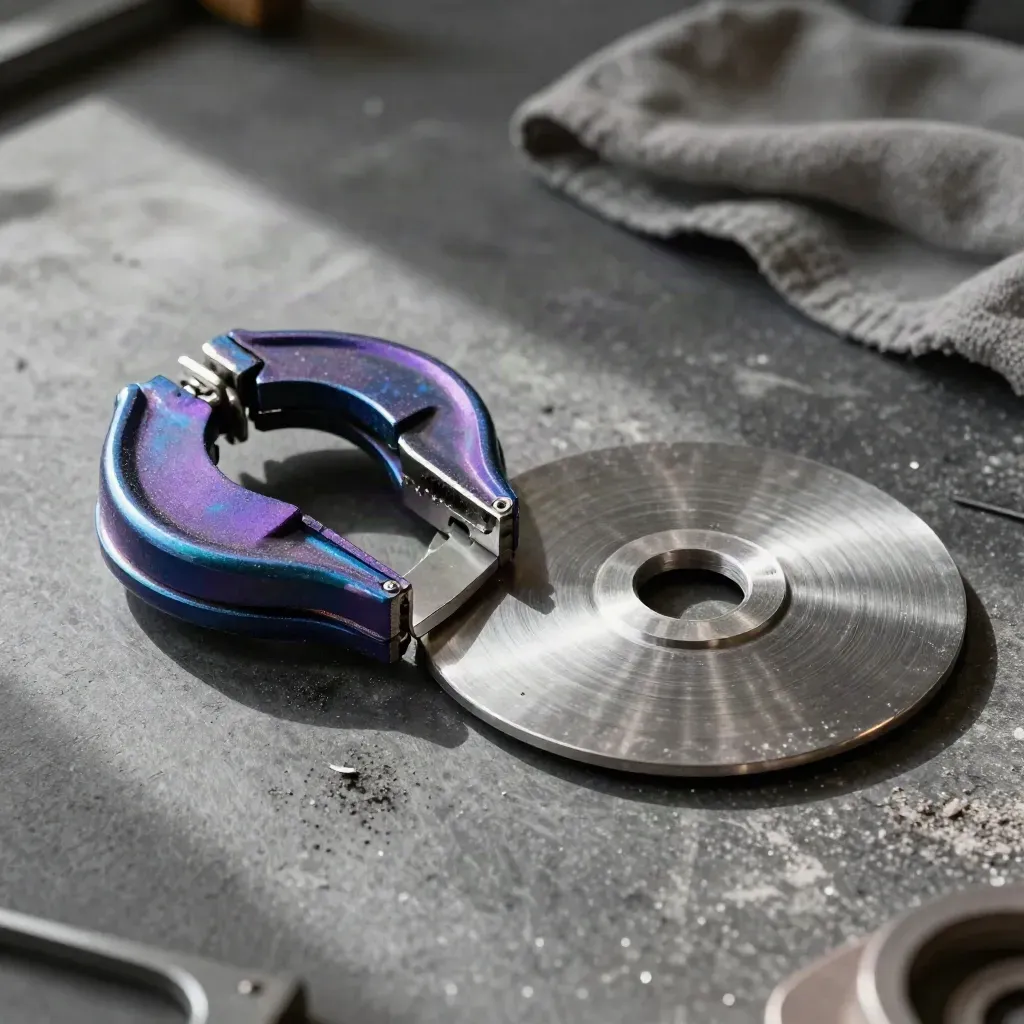 Heat-blued forge clamps align a steel offcut and grinding disc on a dusted metal workbench.