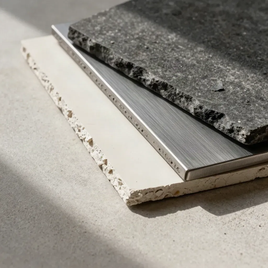 Stone chips, plaster swatches and brushed metal trim on pale concrete in raking light.