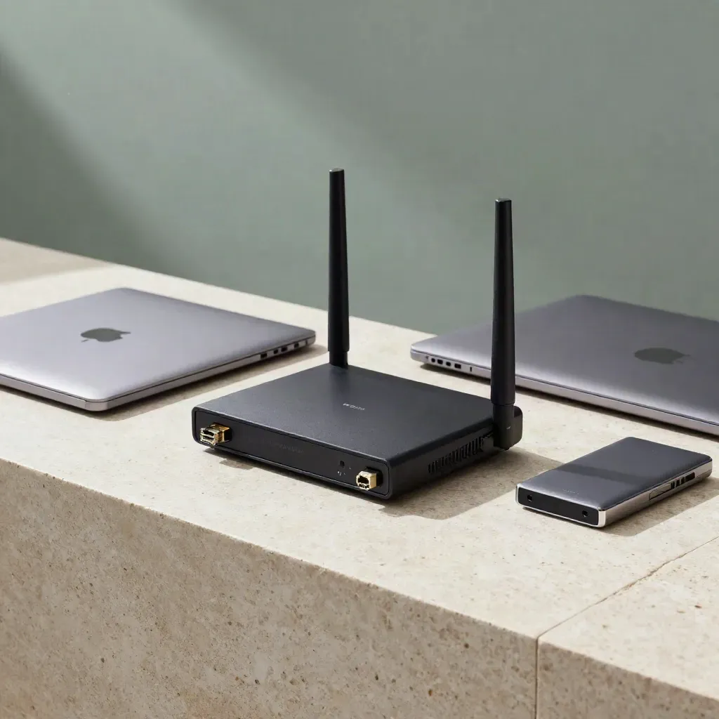 Matte-black router with notebook, SSD and braided cables on pale stone at dawn