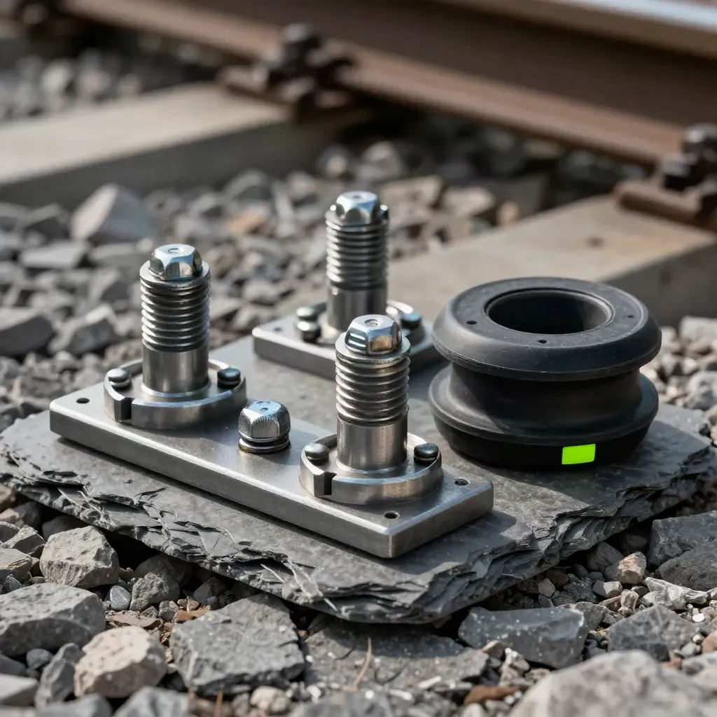 Rail fastening clips, joiner plate, and rubber insulator on crushed slate with green inspection mark