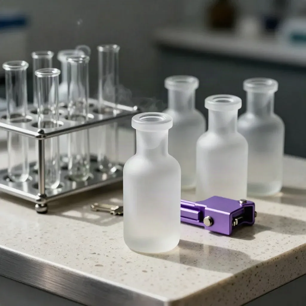 Frosted lab vials, a graphite rack and violet clamp block on travertine in dramatic light.