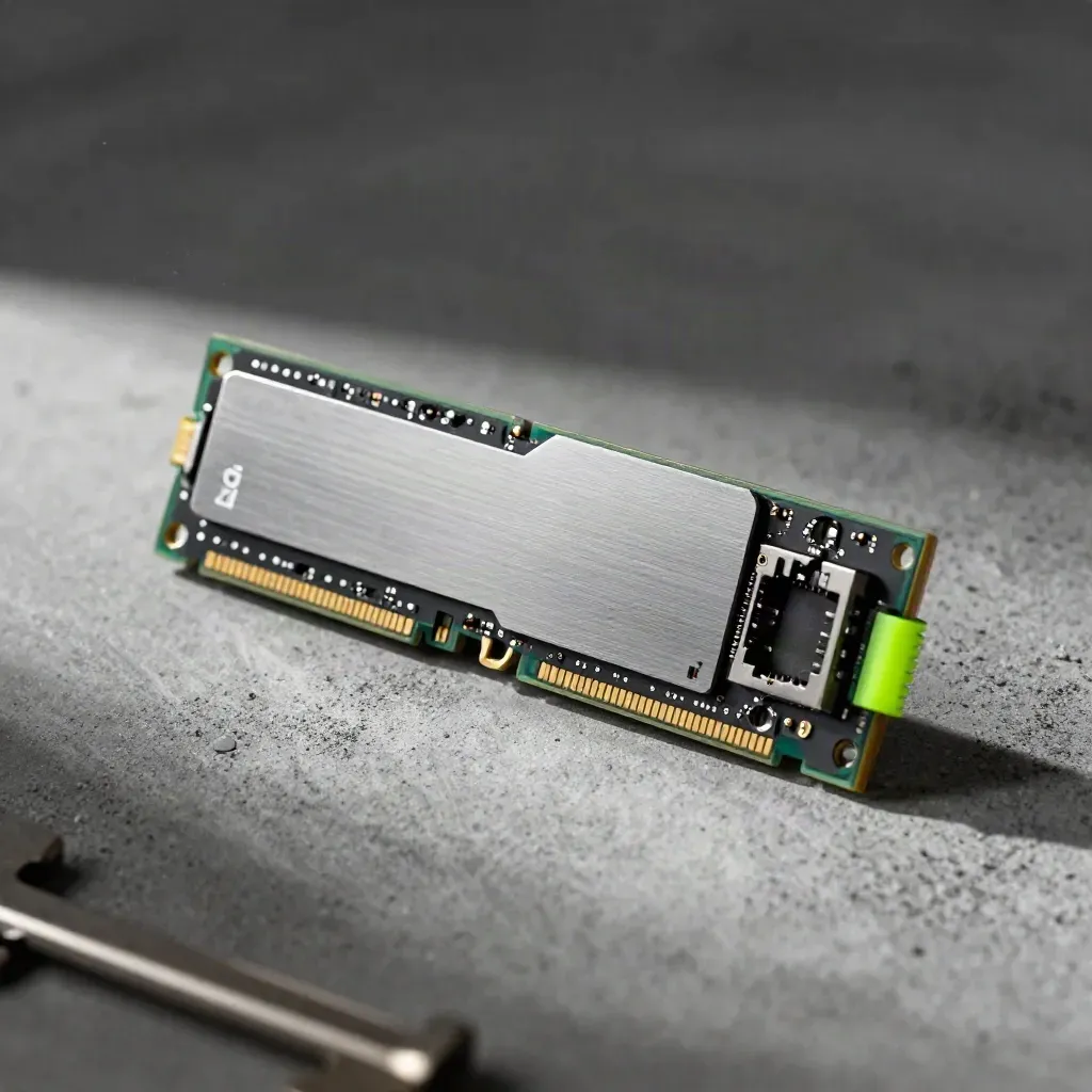 NVMe SSD, heatsink fins, and RJ45 coupler on concrete in a tight macro product shot.