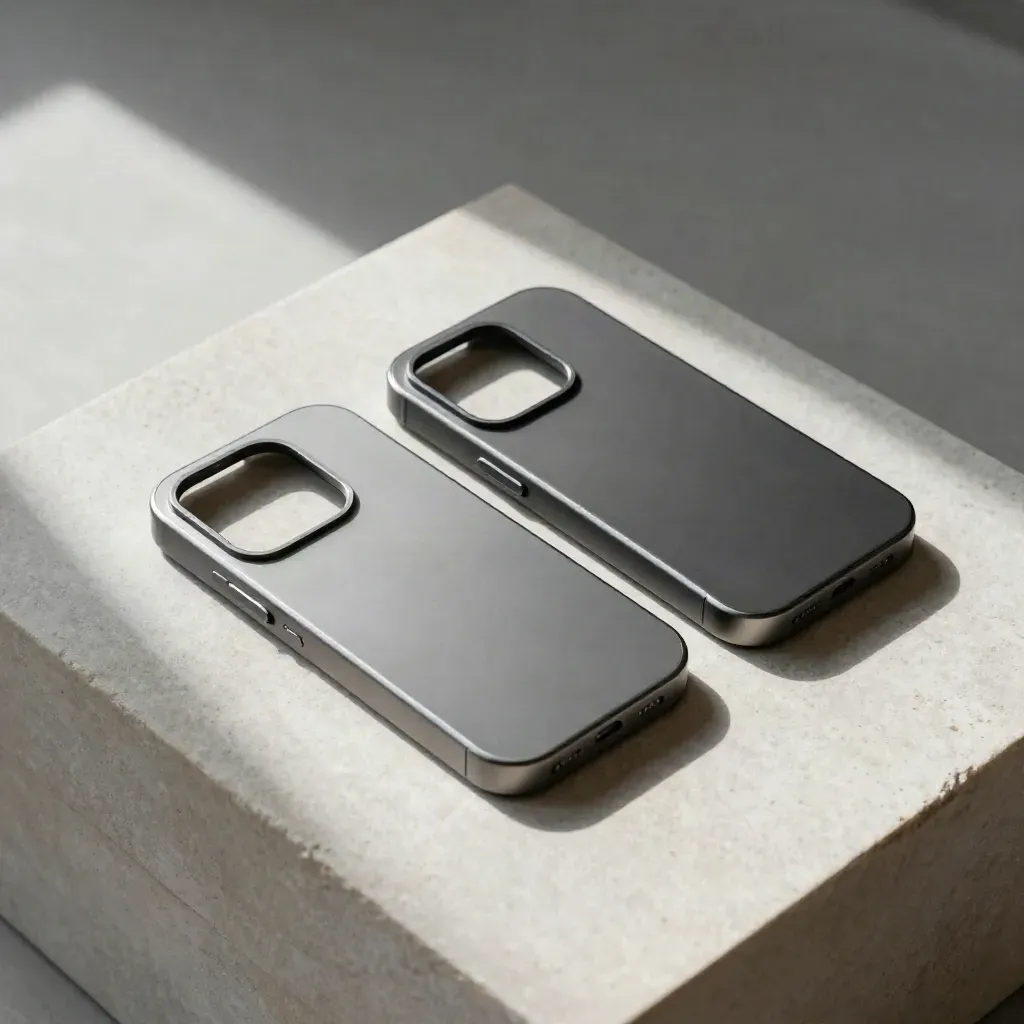 Flat lay of two anodized phone shells and rubber spacers on pale stone with crisp shadows.