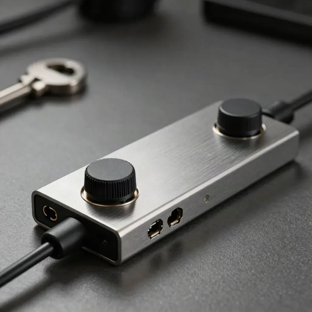 Macro of an external drive dock with cable boots and connector caps on brushed metal.
