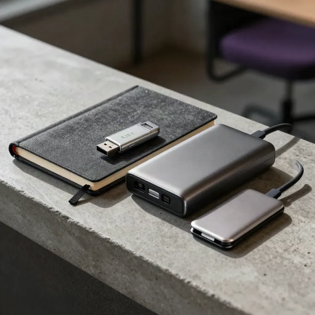 Macro still life of startup launch kit: notebook, security key, power bank and card reader on concrete.