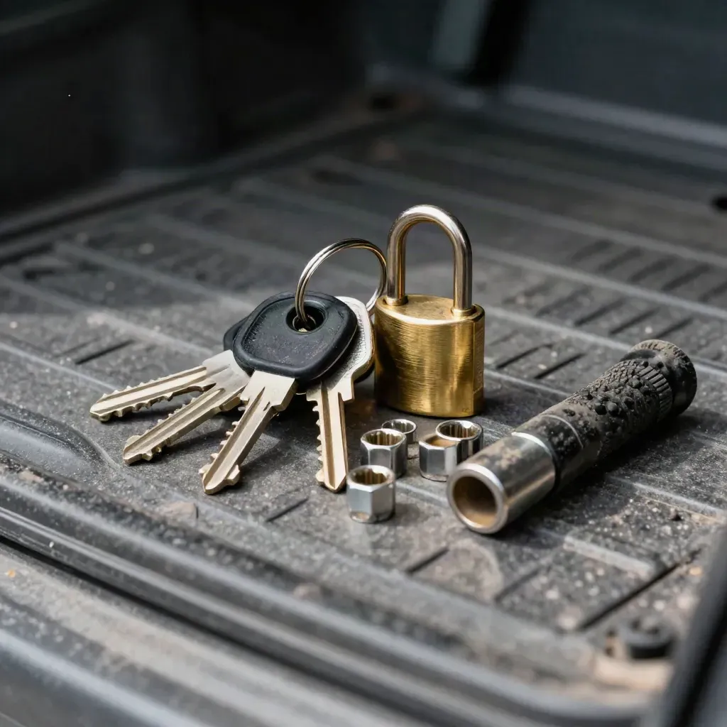 Van keys, brass lock cylinder, socket bits and a dusty torch on a workshop floor