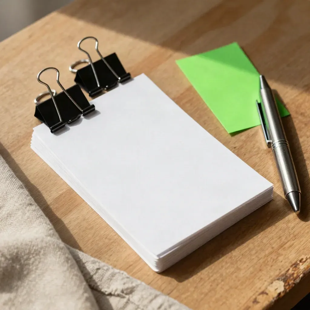 Overhead flat lay of proposal cards, binder clips, colour chips and a pen cap on oak.