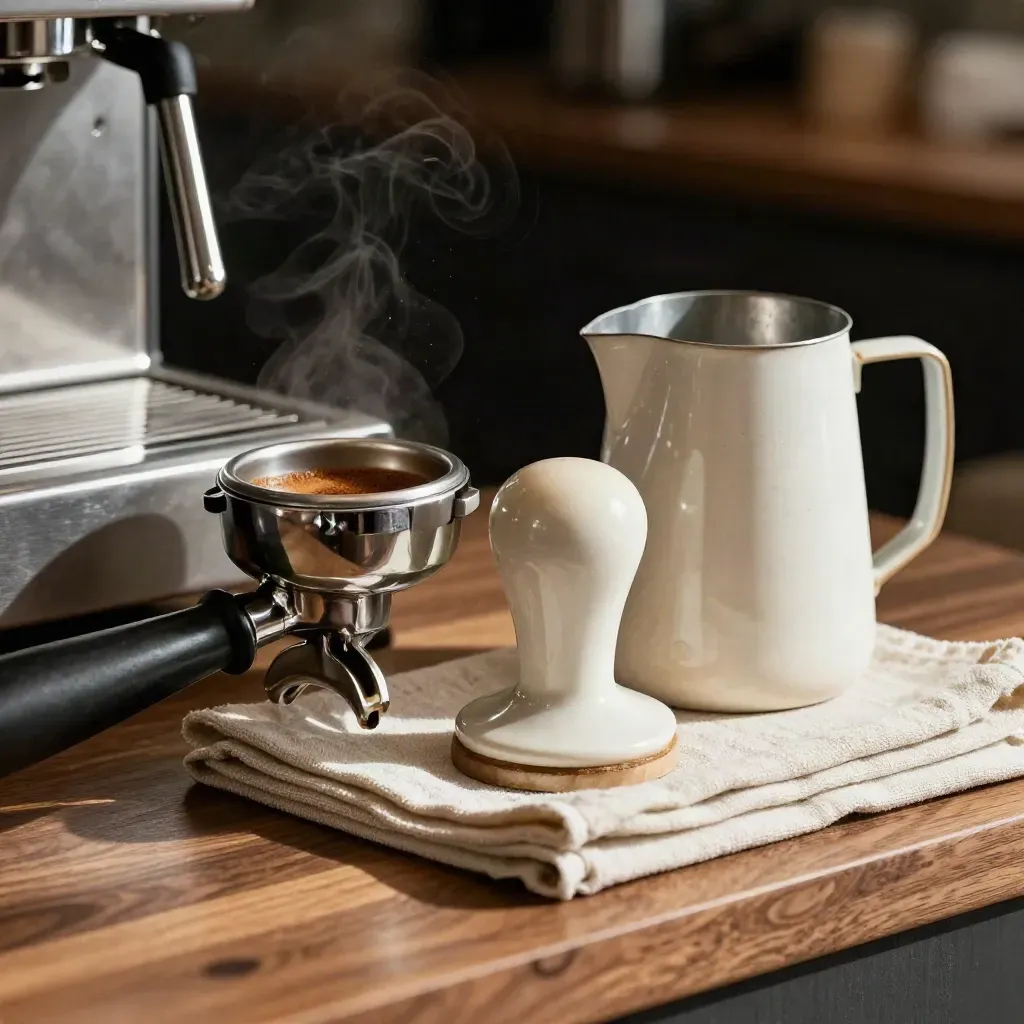 Coffee service tools on warm walnut with steam haze and dark bokeh, lit from one side.