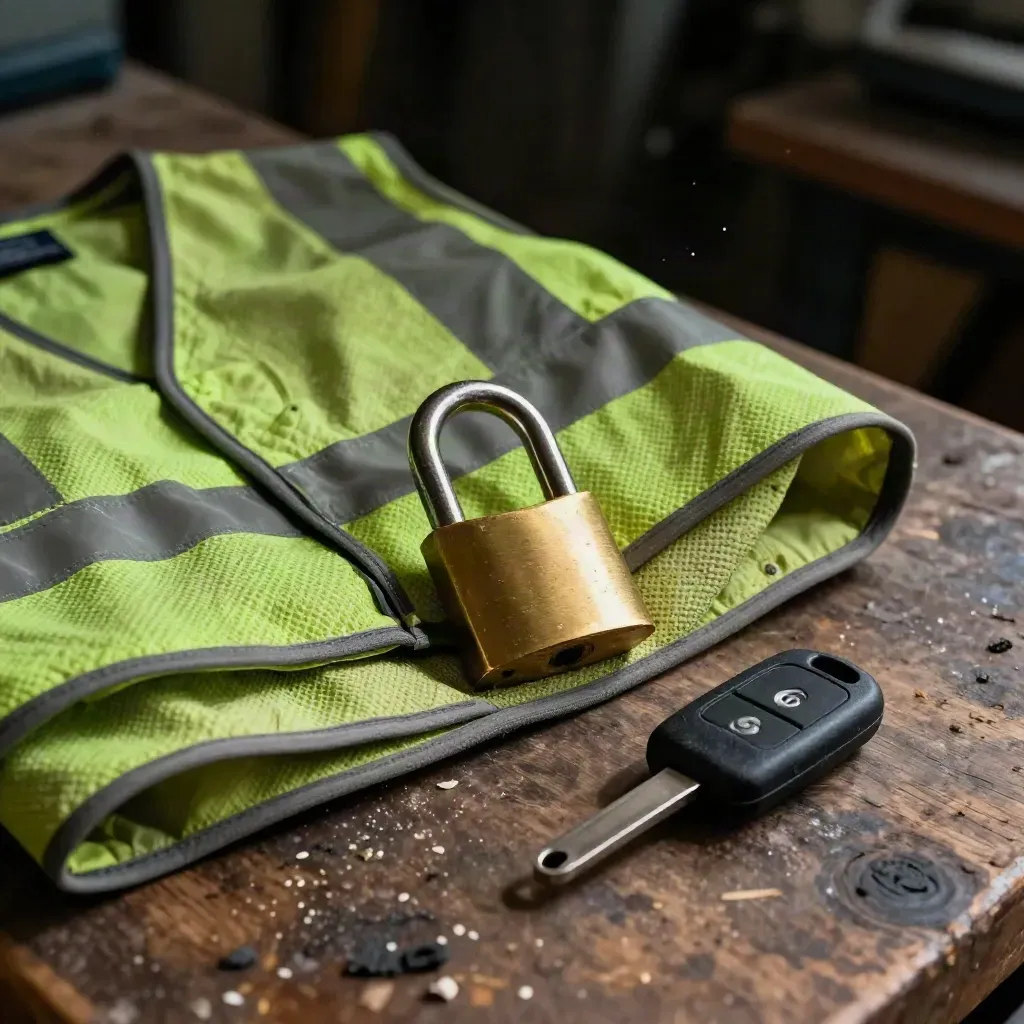 Hi-vis vest, brass padlock and van key fob on a dark workbench