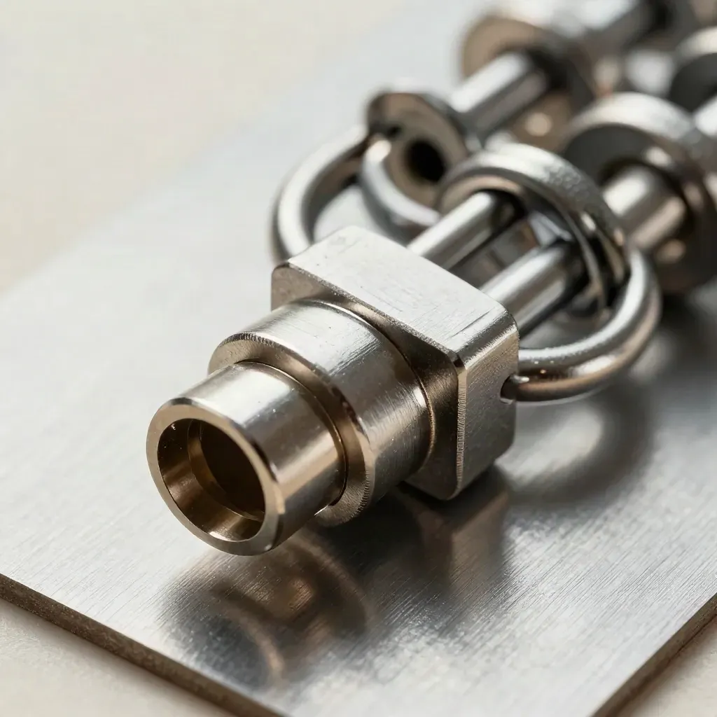 Stainless rings, cable ferrules and a connector block on brushed metal, lit in macro detail.