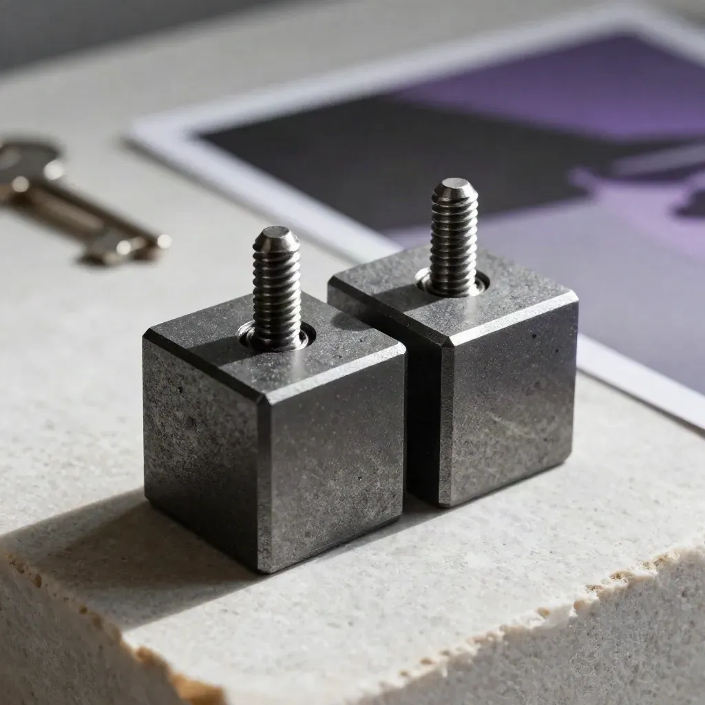 Machined graphite cubes and dowel pins fitting together on pale stone in dramatic side light.