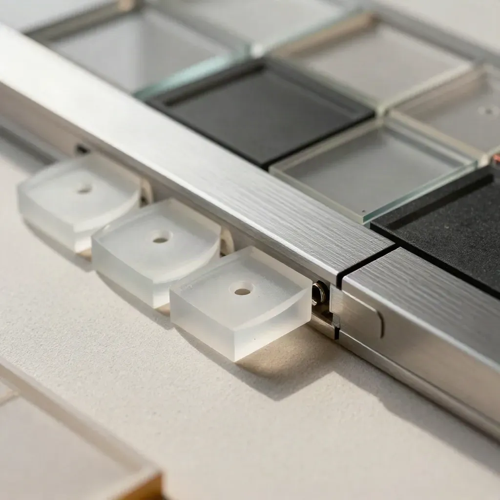 Acrylic blocks and spacer discs aligned on warm plaster in soft directional light.