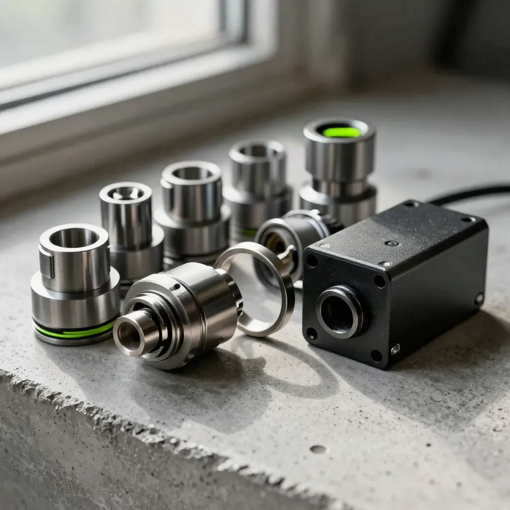 Graphite connectors and linked metal rings on concrete in soft daylight