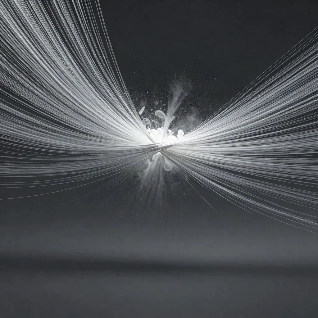 Silver filaments converge into a white bloom in dark graphite haze, with empty space below.